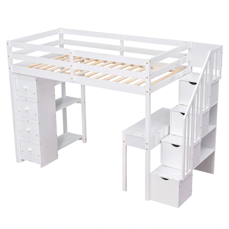 Twin size Loft Bed with Storage Drawers ,Desk and Stairs, Wooden Loft Bed with Shelves