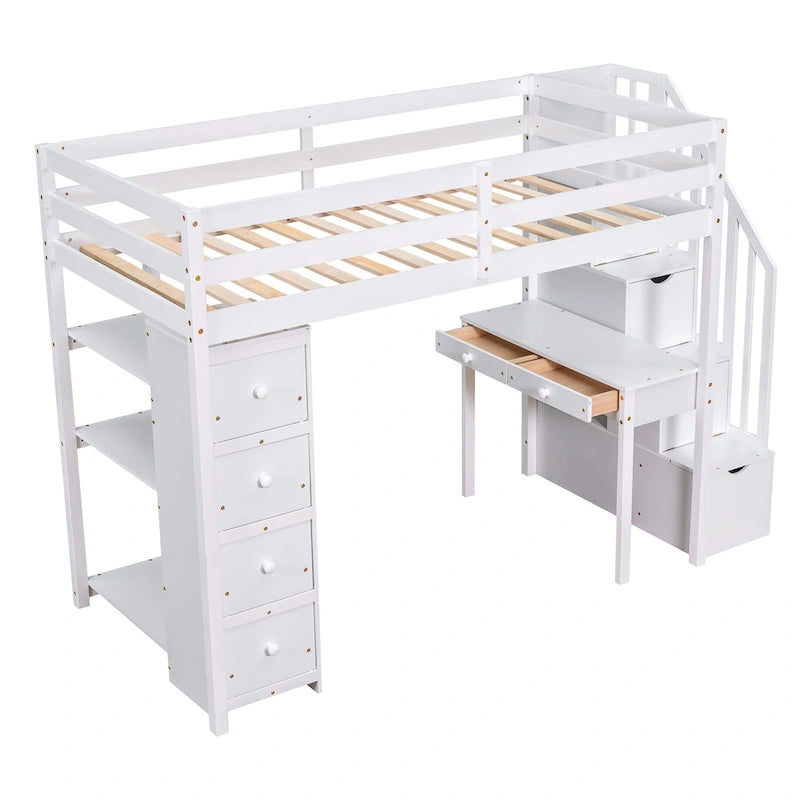 Twin size Loft Bed with Storage Drawers ,Desk and Stairs, Wooden Loft Bed with Shelves