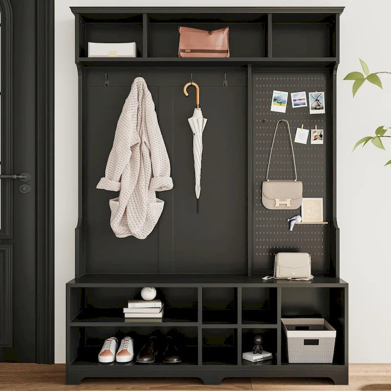 GDFStudio - Finn Multifunctional Hall Tree with Shoe Bench, Pegboard, and Ample Storage