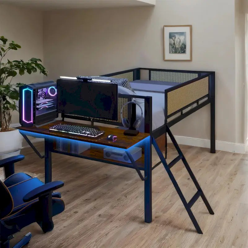 Twin Size Metal LED Loft Bed with Rectangular Desk and Storage Shelves