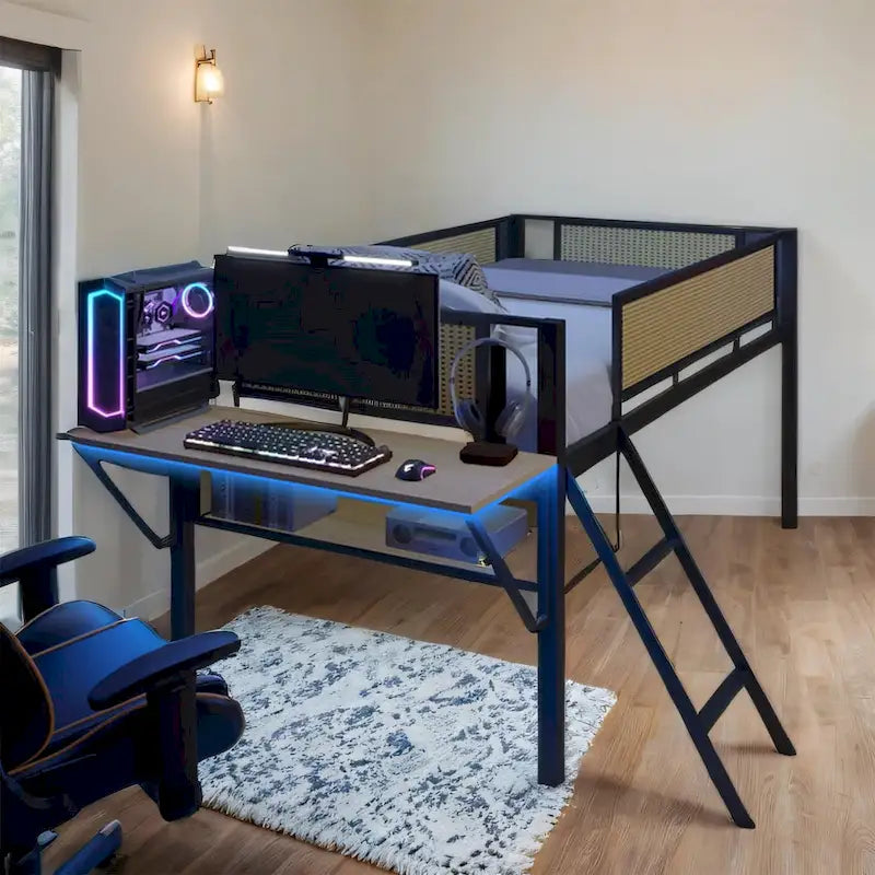 Twin Size Metal LED Loft Bed with Rectangular Desk and Storage Shelves