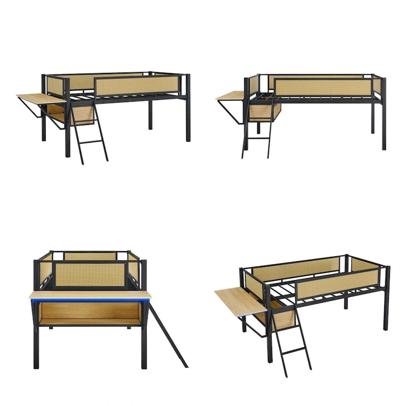 Twin Size Metal LED Loft Bed with Rectangular Desk and Storage Shelves