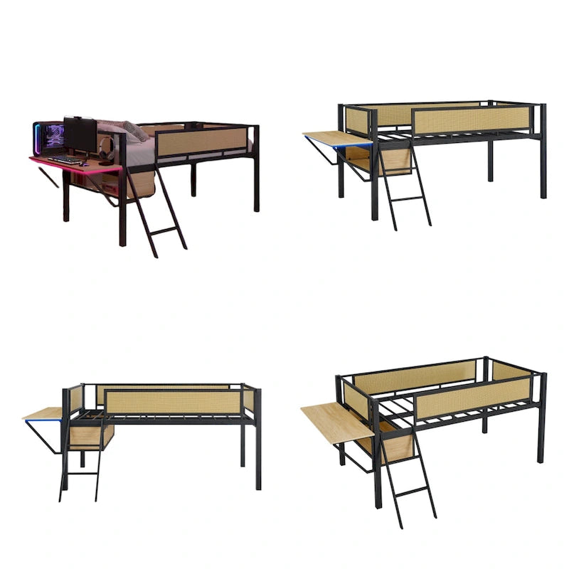 Twin Size Metal LED Loft Bed with Rectangular Desk and Storage Shelves