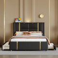 Queen Size Upholstered Bed with Trundle, 2 Drawers, Gold Accents, Night Light & USB Charger