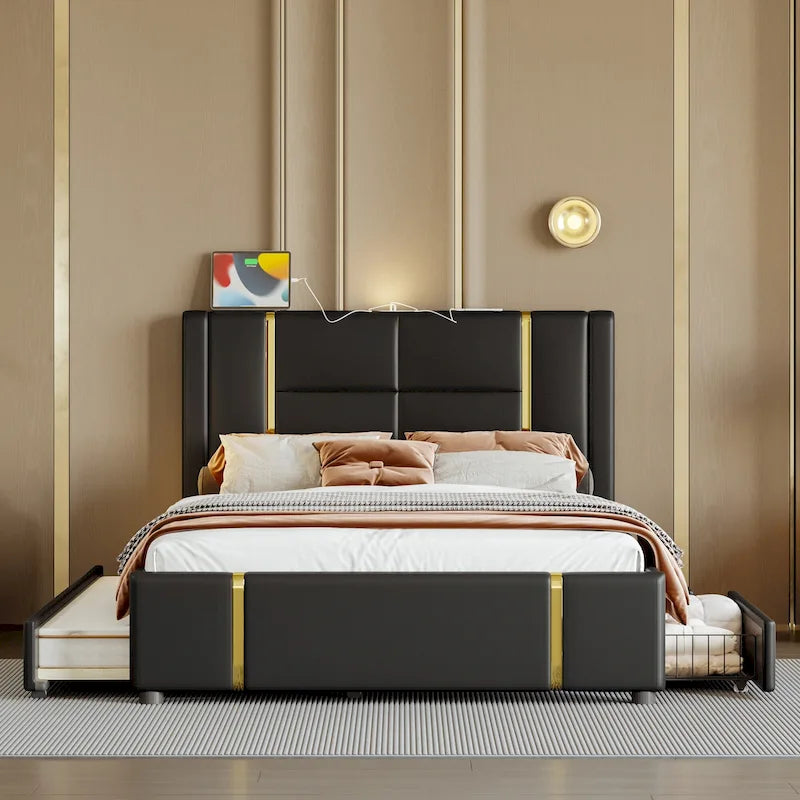 Queen Size Upholstered Bed with Trundle, 2 Drawers, Gold Accents, Night Light & USB Charger