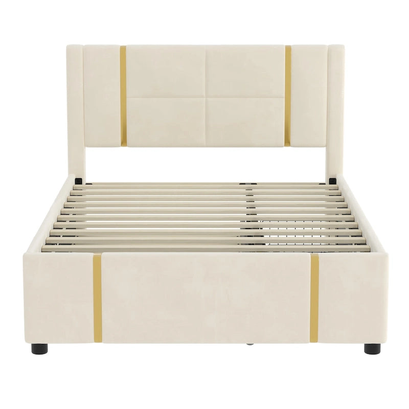 Queen Size Upholstered Bed with Trundle, 2 Drawers, Gold Accents, Night Light & USB Charger