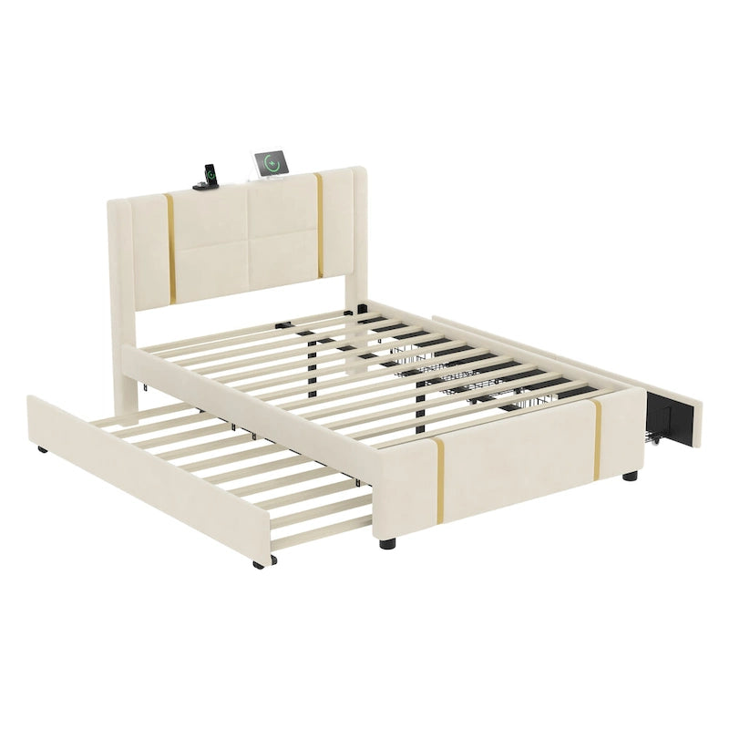 Queen Size Upholstered Bed with Trundle, 2 Drawers, Gold Accents, Night Light & USB Charger