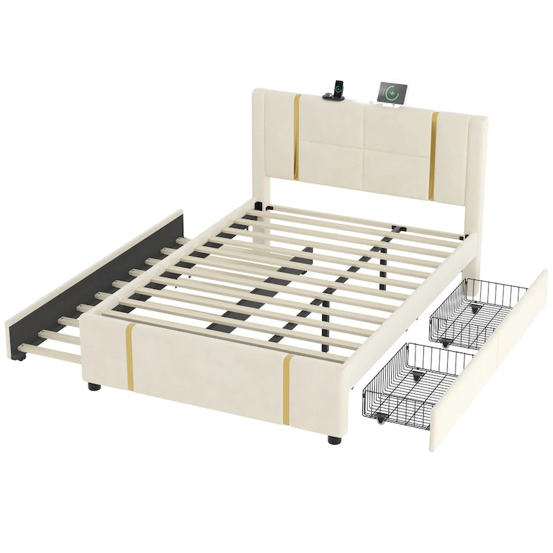Queen Size Upholstered Bed with Trundle, 2 Drawers, Gold Accents, Night Light & USB Charger
