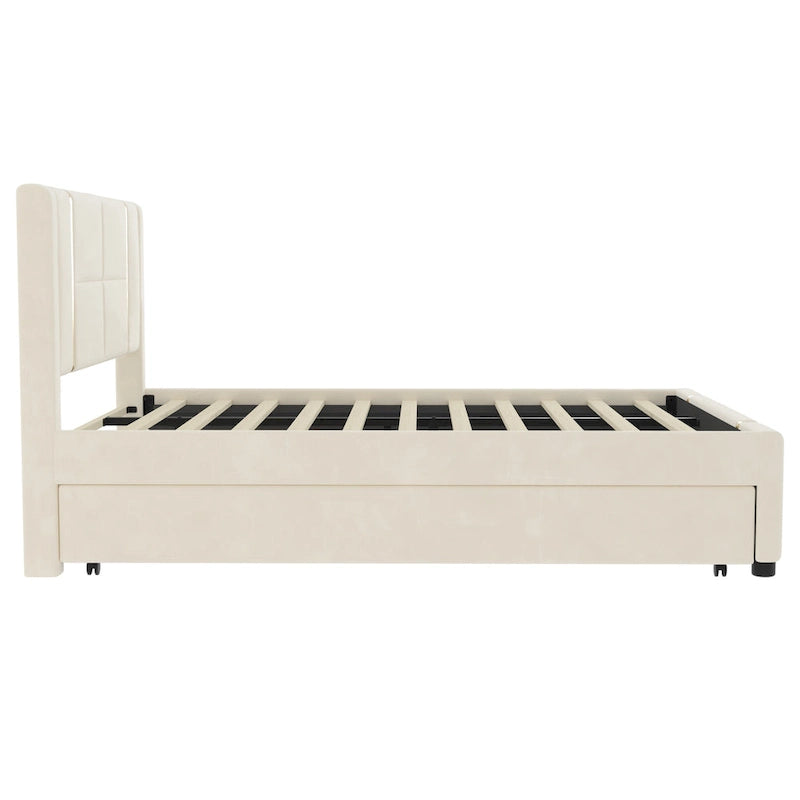 Queen Size Upholstered Bed with Trundle, 2 Drawers, Gold Accents, Night Light & USB Charger