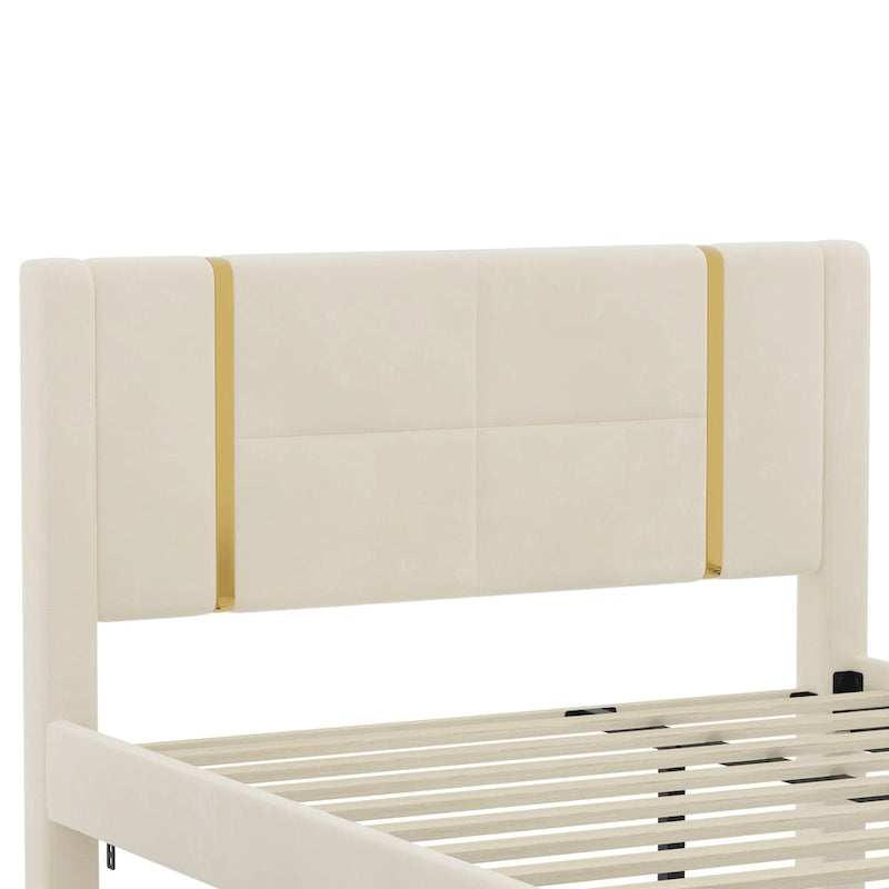 Queen Size Upholstered Bed with Trundle, 2 Drawers, Gold Accents, Night Light & USB Charger