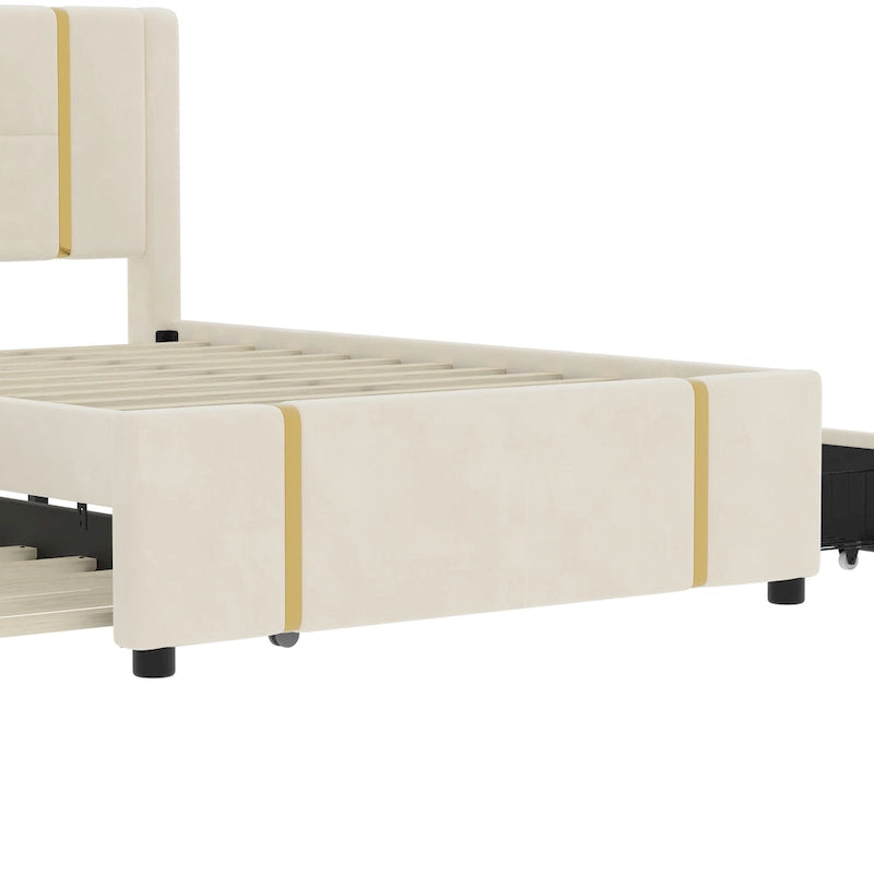 Queen Size Upholstered Bed with Trundle, 2 Drawers, Gold Accents, Night Light & USB Charger