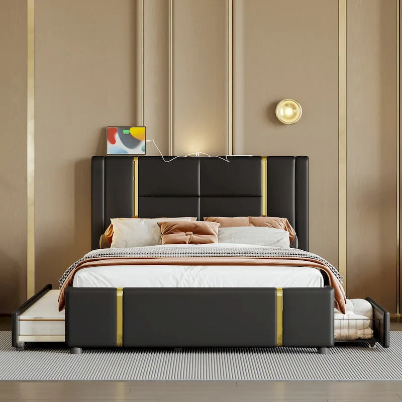 Queen Size Upholstered Bed with Trundle, 2 Drawers, Gold Accents, Night Light & USB Charger