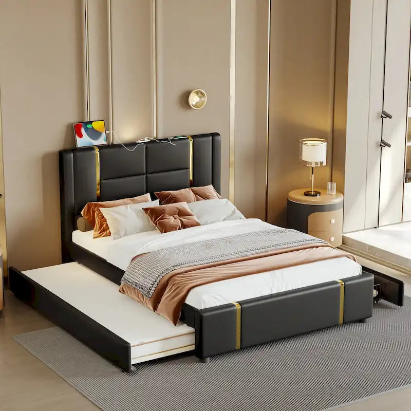 Queen Size Upholstered Bed with Trundle, 2 Drawers, Gold Accents, Night Light & USB Charger