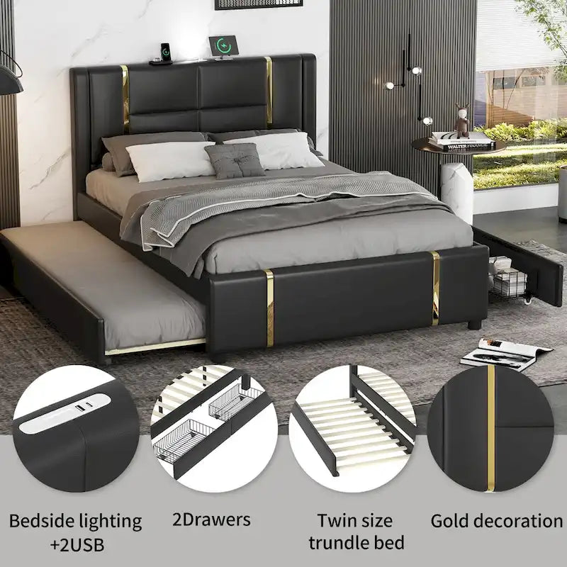 Queen Size Upholstered Bed with Trundle, 2 Drawers, Gold Accents, Night Light & USB Charger
