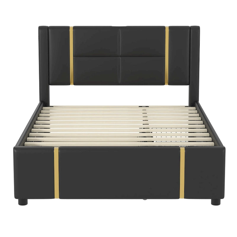 Queen Size Upholstered Bed with Trundle, 2 Drawers, Gold Accents, Night Light & USB Charger