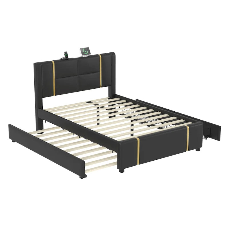 Queen Size Upholstered Bed with Trundle, 2 Drawers, Gold Accents, Night Light & USB Charger