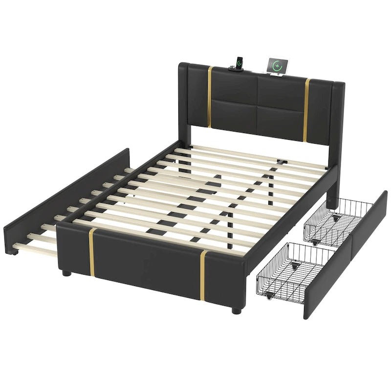 Queen Size Upholstered Bed with Trundle, 2 Drawers, Gold Accents, Night Light & USB Charger