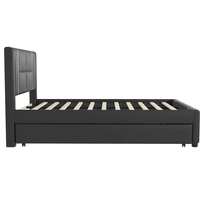 Queen Size Upholstered Bed with Trundle, 2 Drawers, Gold Accents, Night Light & USB Charger