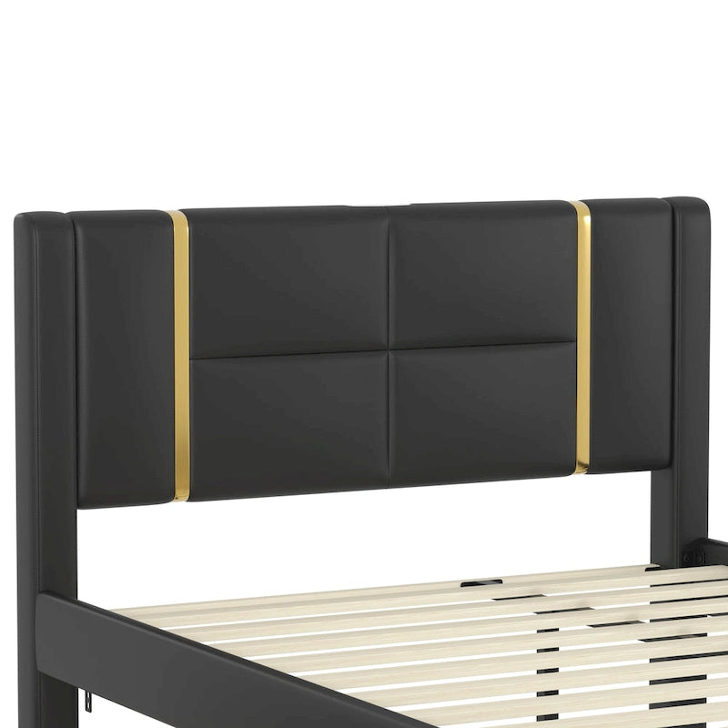Queen Size Upholstered Bed with Trundle, 2 Drawers, Gold Accents, Night Light & USB Charger