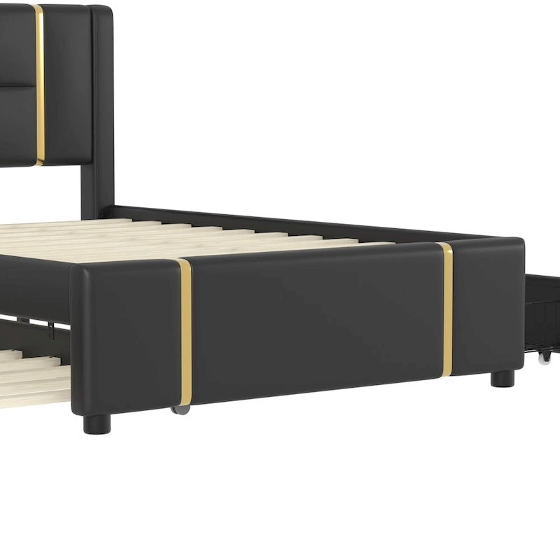 Queen Size Upholstered Bed with Trundle, 2 Drawers, Gold Accents, Night Light & USB Charger