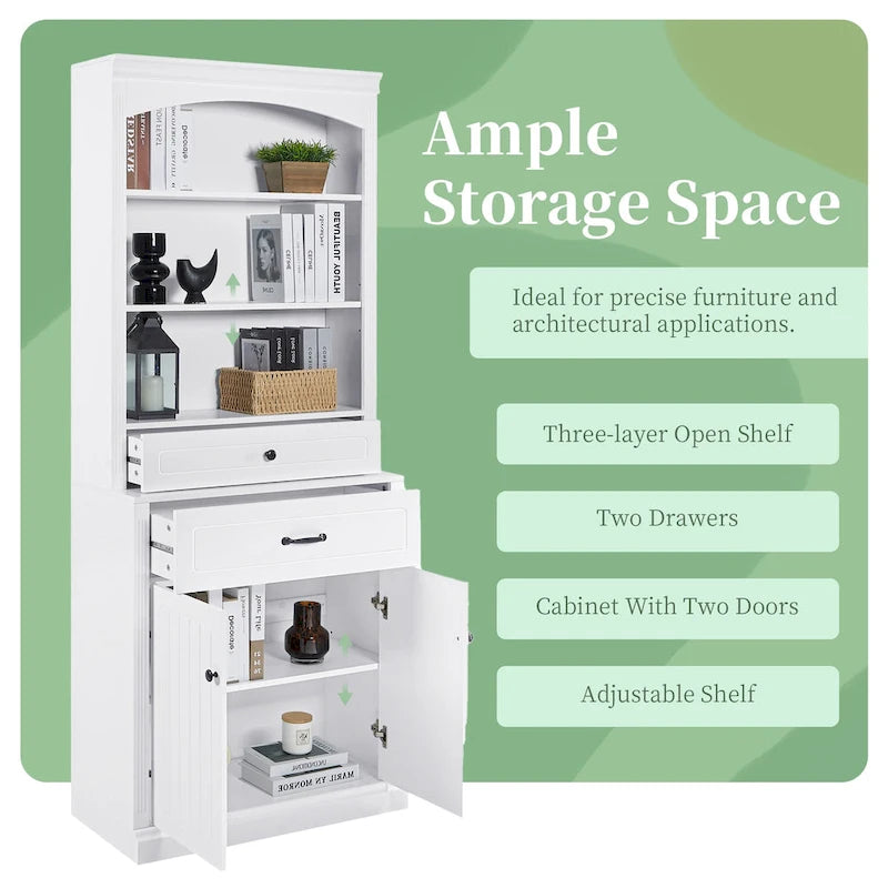 White Bathroom Storage Cabinet with Two Doors, Drawers, Adjustable Shelf & Three Open Shelves - Durable MDF Construction