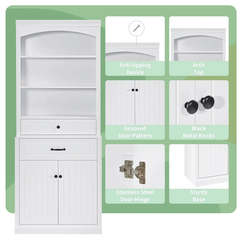 White Bathroom Storage Cabinet with Two Doors, Drawers, Adjustable Shelf & Three Open Shelves - Durable MDF Construction