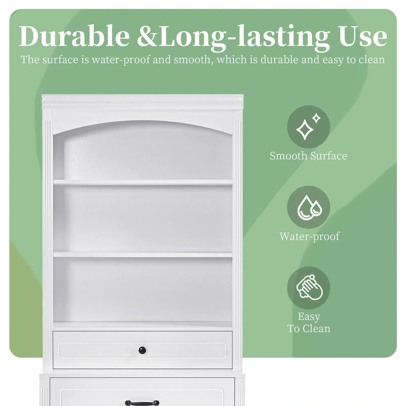White Bathroom Storage Cabinet with Two Doors, Drawers, Adjustable Shelf & Three Open Shelves - Durable MDF Construction