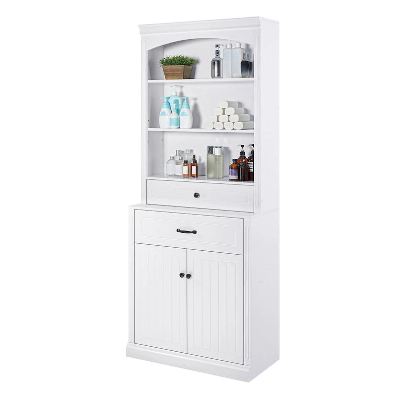 White Bathroom Storage Cabinet with Two Doors, Drawers, Adjustable Shelf & Three Open Shelves - Durable MDF Construction