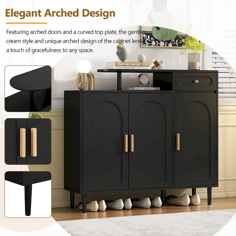 Elegant Shoe Cabinet with Arched Doors and Drawer, Cream Style Storage Sideboard with Adjustable Shelves and Solid Wood Legs