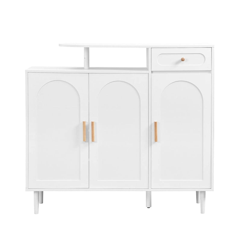 Elegant Shoe Cabinet with Arched Doors and Drawer, Cream Style Storage Sideboard with Adjustable Shelves and Solid Wood Legs