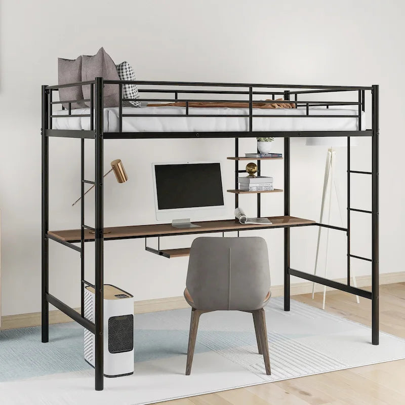 Twin Size Loft Bed with Wood Desk and Shelf