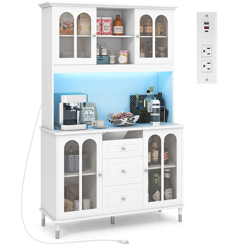 Gymax 73 Tall Kitchen Pantry Storage Cabinet w/ LED Lights and Power