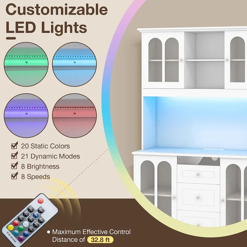 Gymax 73 Tall Kitchen Pantry Storage Cabinet w/ LED Lights and Power