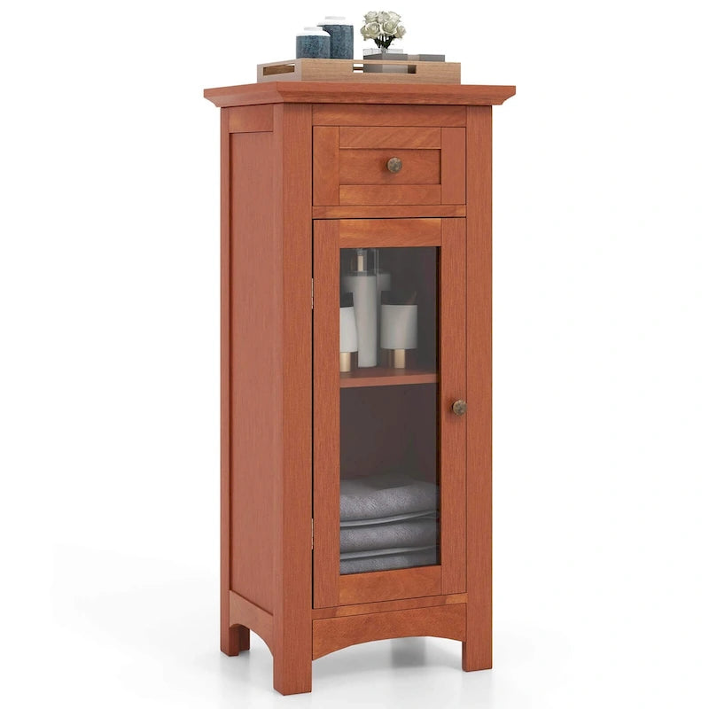Costway Bathroom Floor Cabinet with Single Glass Door Drawer & - See Details