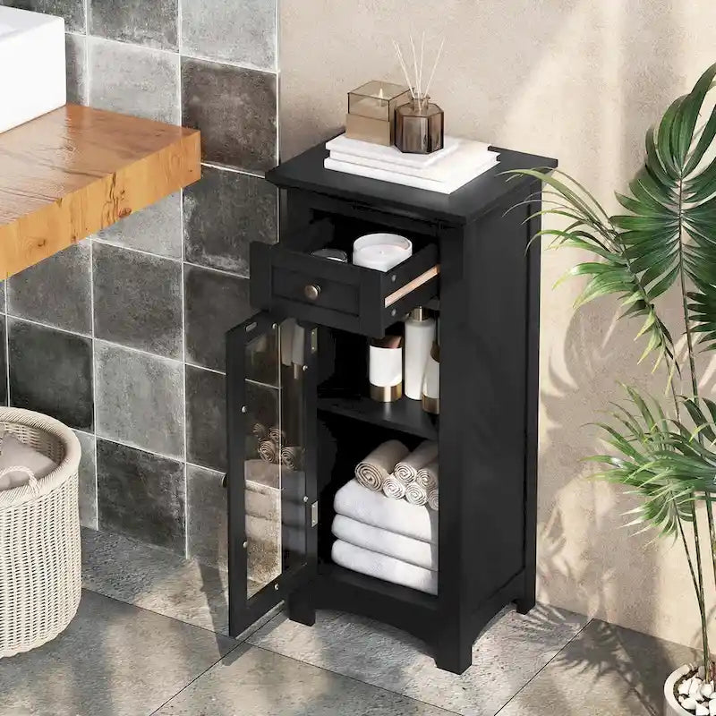 Costway Bathroom Floor Cabinet with Single Glass Door Drawer & - See Details