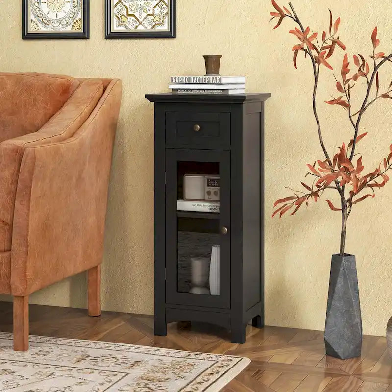 Costway Bathroom Floor Cabinet with Single Glass Door Drawer & - See Details
