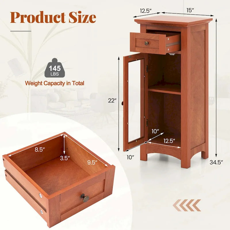 Costway Bathroom Floor Cabinet with Single Glass Door Drawer & - See Details