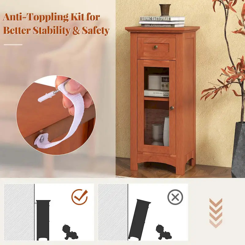 Costway Bathroom Floor Cabinet with Single Glass Door Drawer & - See Details