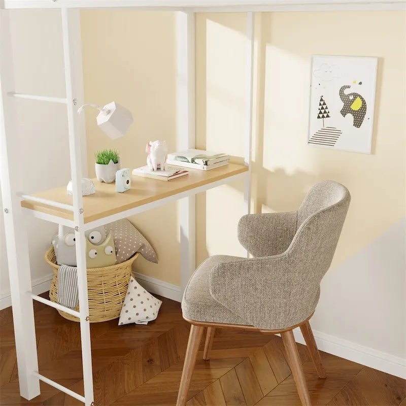 Twin Size Metal Loft Bed with Built-in Wardrobe,Desk and Shelves