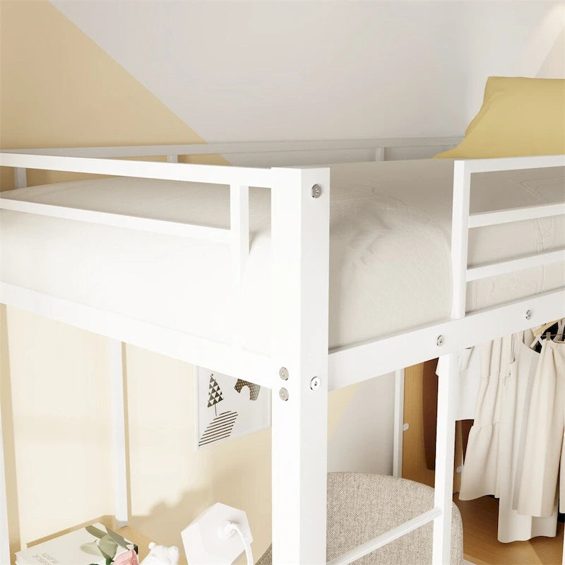 Twin Size Metal Loft Bed with Built-in Wardrobe,Desk and Shelves