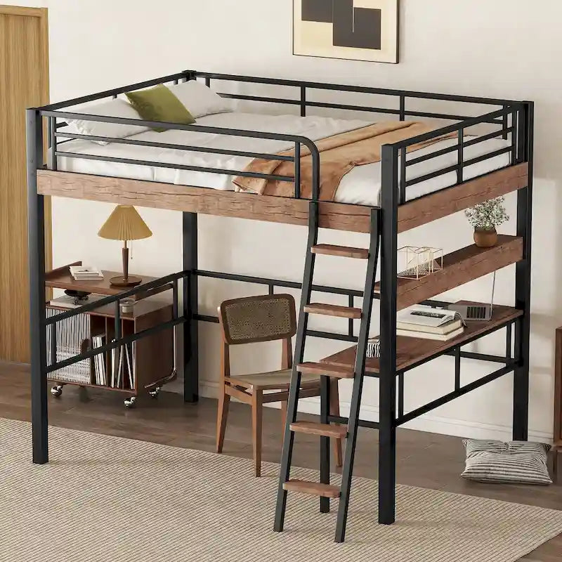 Metal Full Size Loft Bed with Built-in Desk, Storage Shelf and Ladder