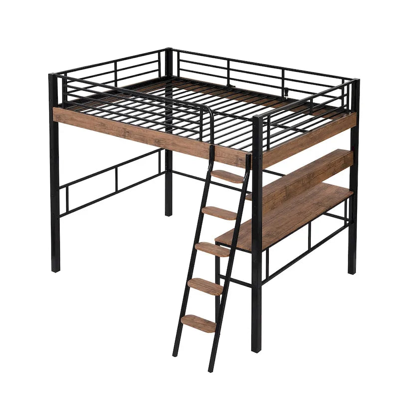 Metal Full Size Loft Bed with Built-in Desk, Storage Shelf and Ladder