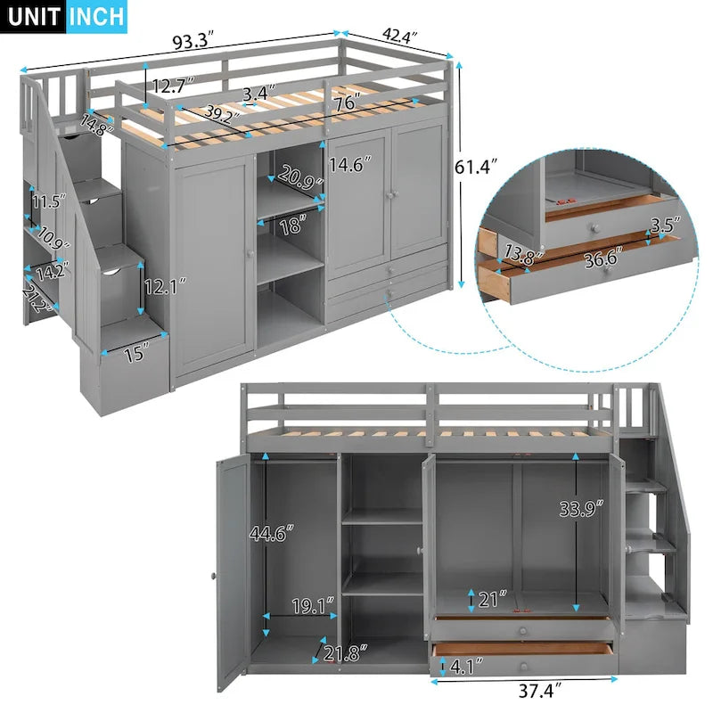 Functional Loft Bed w/3 Shelves,2 Wardrobes,2 Drawers,Storage Ladder