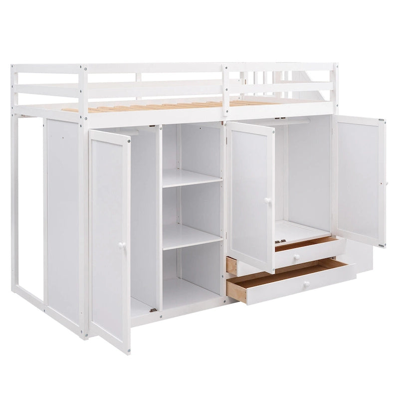 Functional Loft Bed w/3 Shelves,2 Wardrobes,2 Drawers,Storage Ladder