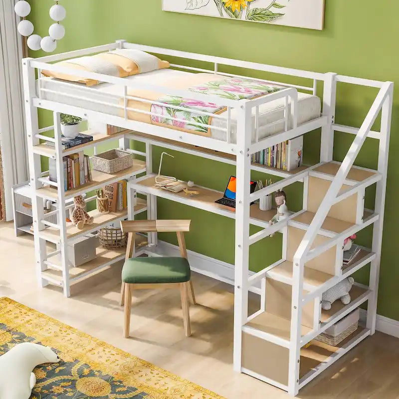 Twin Size Metal Loft bed w/Staircase, Built-in Desk, Storage Shelves