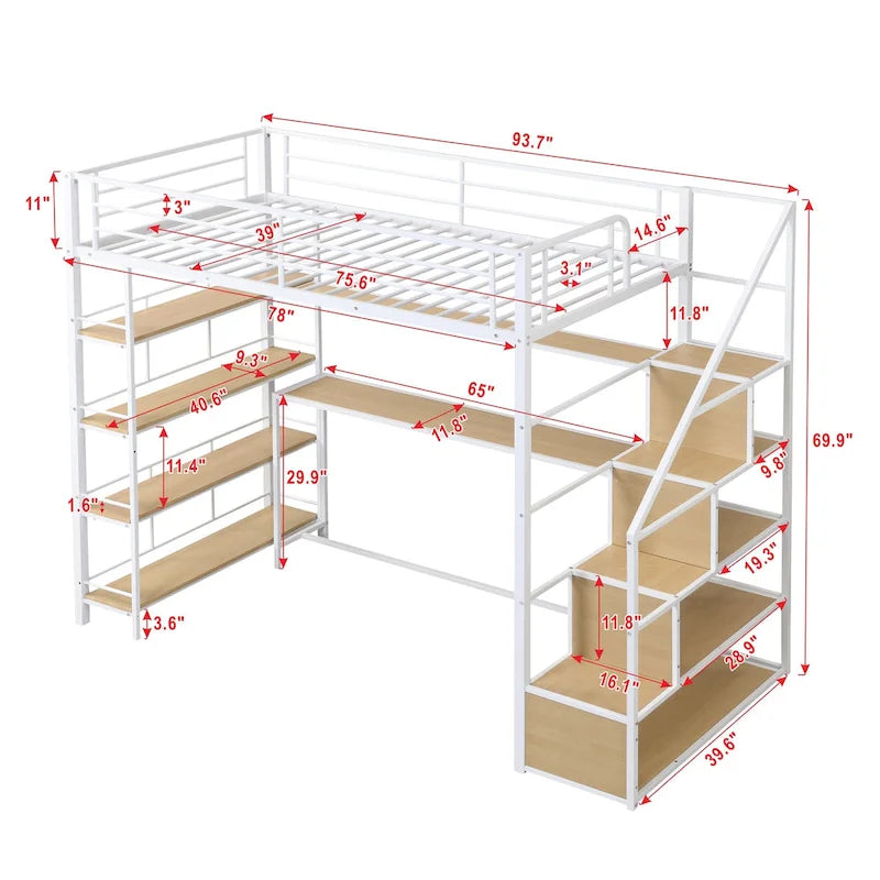 Twin Size Metal Loft bed w/Staircase, Built-in Desk, Storage Shelves