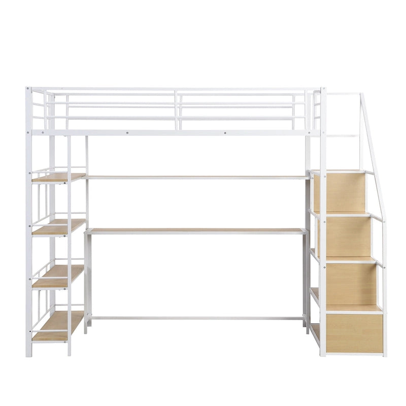 Twin Size Metal Loft bed w/Staircase, Built-in Desk, Storage Shelves