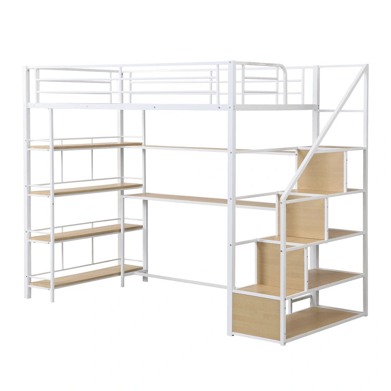 Twin Size Metal Loft bed w/Staircase, Built-in Desk, Storage Shelves