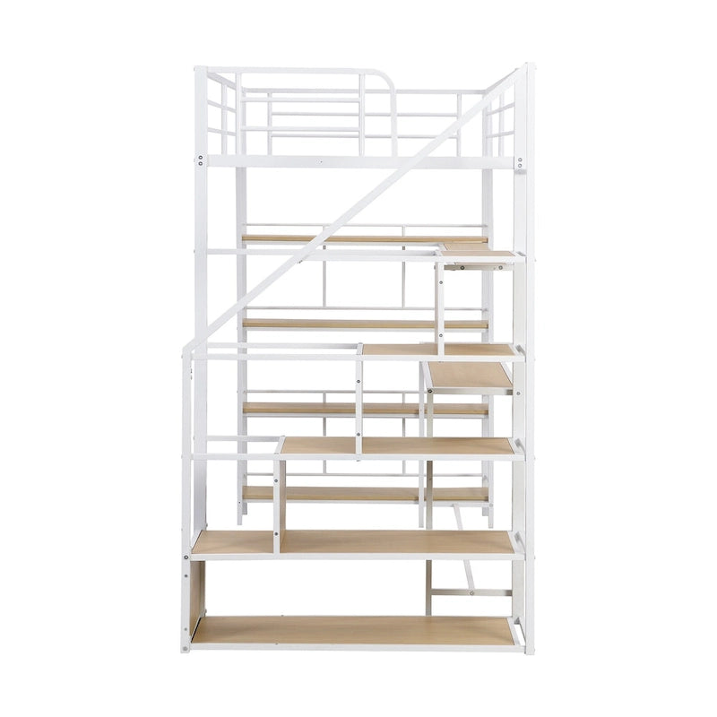 Twin Size Metal Loft bed w/Staircase, Built-in Desk, Storage Shelves