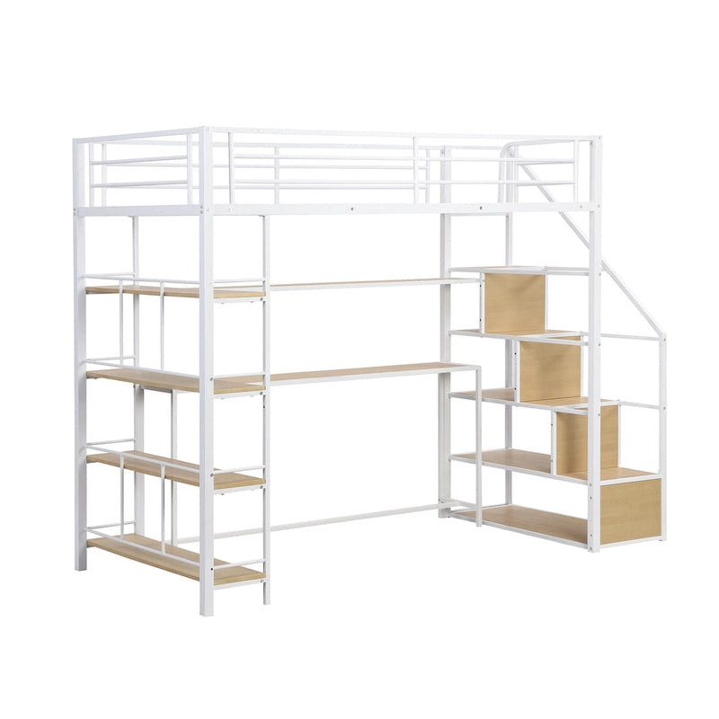 Twin Size Metal Loft bed w/Staircase, Built-in Desk, Storage Shelves
